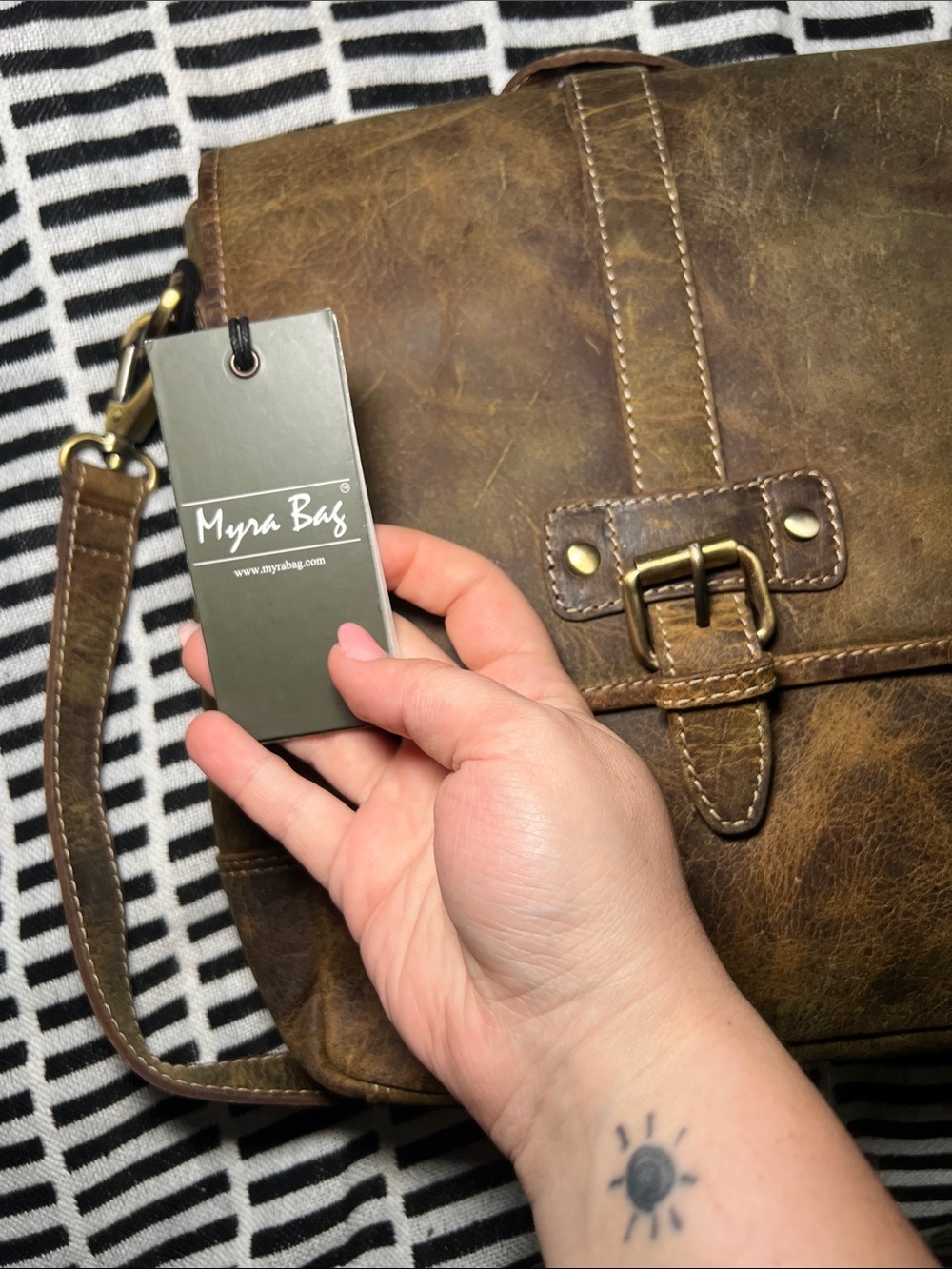 Myra Bag Distressed Brown Leather Messenger Bag with Brass Buckle - Picture 6 of 7